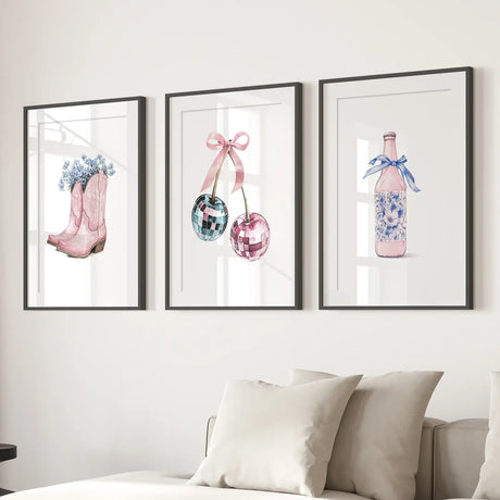 Cherries Disco Ball Preppy Pink Wall Art Prints