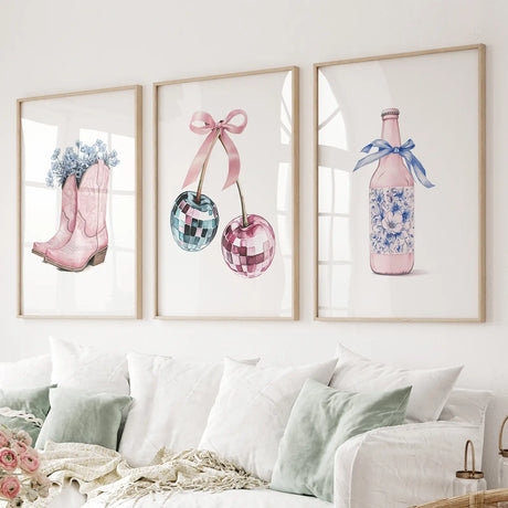 Cherries Disco Ball Preppy Pink Wall Art Prints