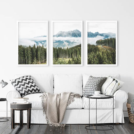 Green Pine Tree Forest. Blue Foggy Mountains. Set of 3 Prints