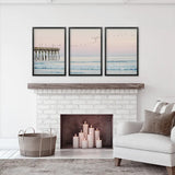 Pink Ocean Sunset Triptych. Wooden Pier, Waves, Seagulls