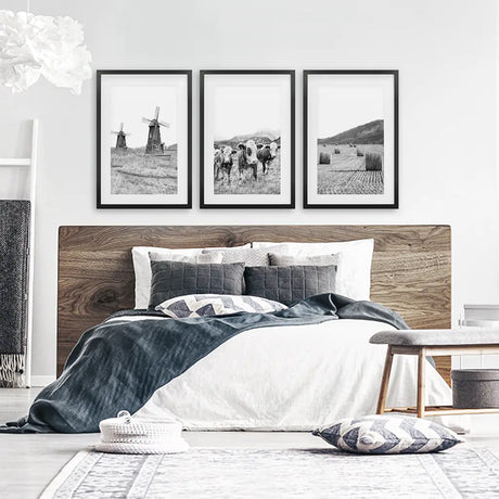 Farmhouse Black White Wall Art. Windmill, 3 Cows, Hay Bales