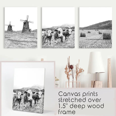 Farmhouse Black White Wall Art. Windmill, 3 Cows, Hay Bales