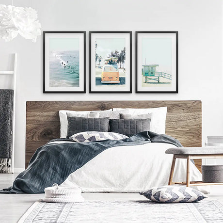 California Wall Art. Surfers on the Waves, Yellow Van, Lifeguard