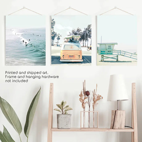 California Wall Art. Surfers on the Waves, Yellow Van, Lifeguard