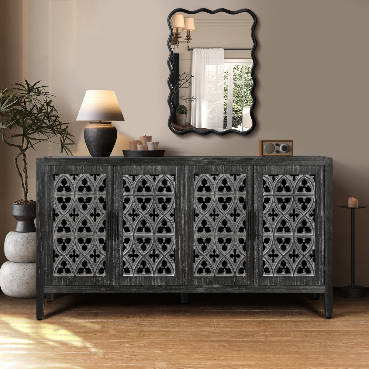 Hollow four door antique cabinet (antique black)
