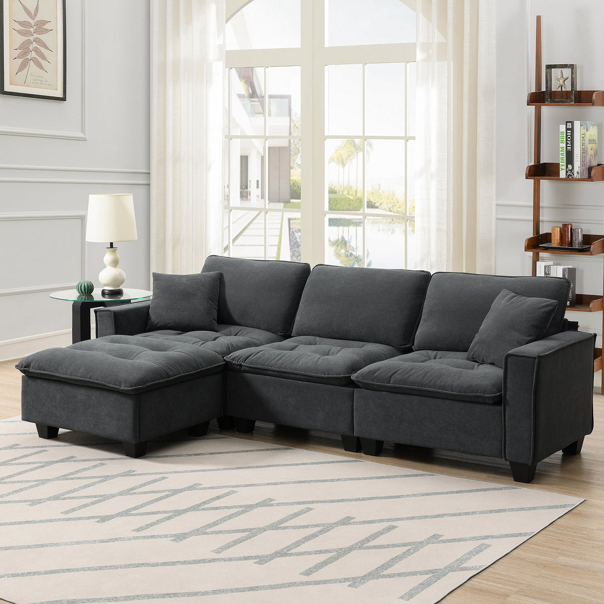 Leland Suede-Tufted L-Shaped Sectional With Ottoman
