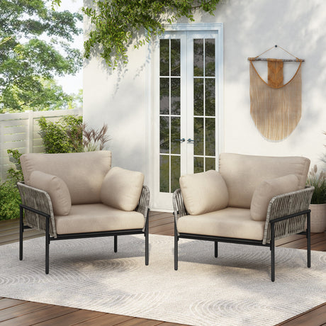 Set of 2 Iron lounging chairs with rope weave design and beige plush cushions