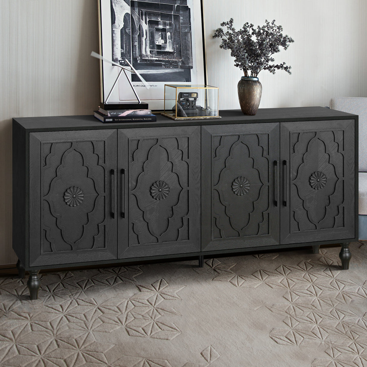 Carved-flower-door-large-storage-cabinet-with-metal-handle-(black)-Buffets
