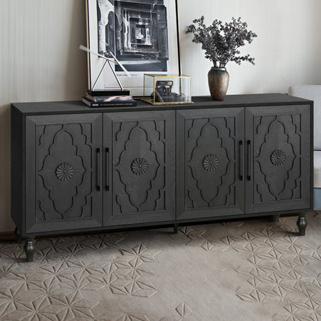 Carved-flower-door-large-storage-cabinet-with-metal-handle-(black)-Buffets