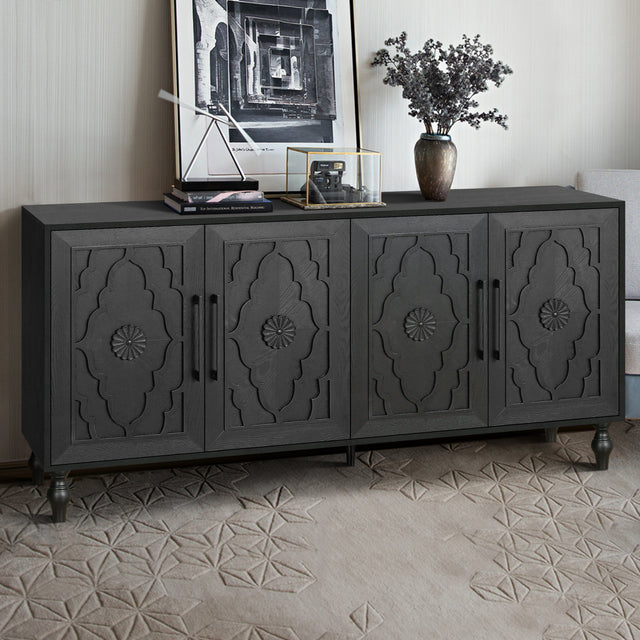 Carved-flower-door-large-storage-cabinet-with-metal-handle-(black)-Buffets