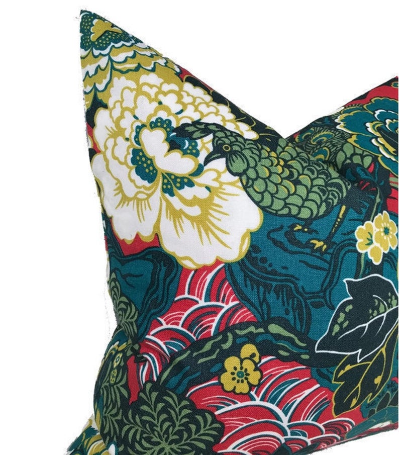Shanghai Peacock Pillow Cover in Cerise, Schumacher Textiles