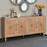 Carved flower door large storage cabinet with metal handle (natural wood)
