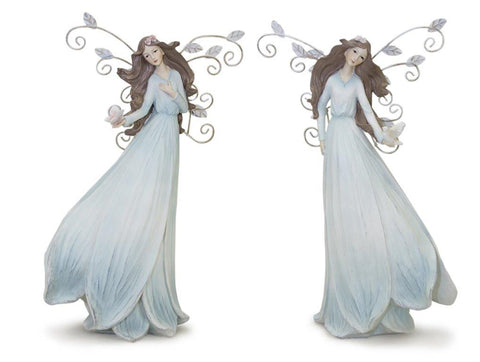 Blue-Flower-Angel-Figurine-w/Metal-Wing-(Set-of-2)-Decorative-Sculptures