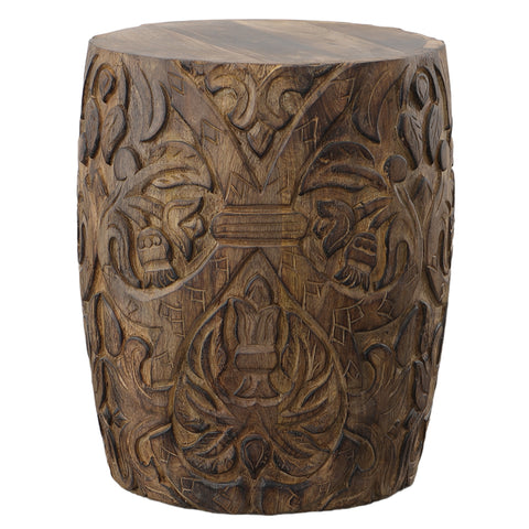 Handcrafted-Mango-Wood-Side-End-Table-Damask-Carving,-Brown-End-Tables