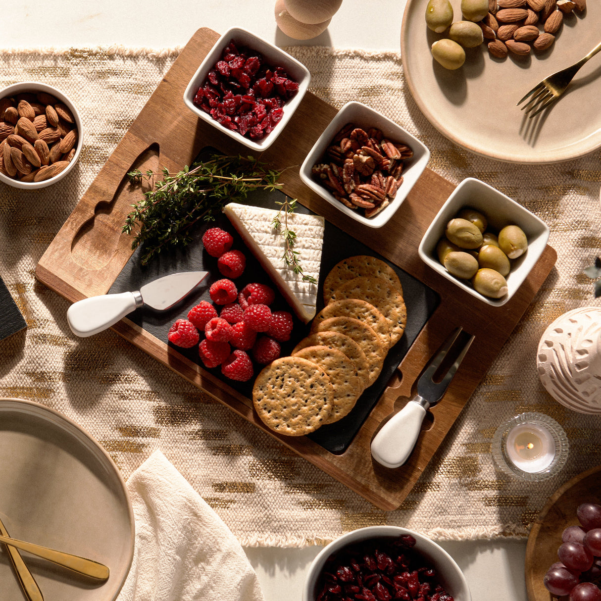 Acacia & Slate Cheese Board Set with Ceramic Bowls